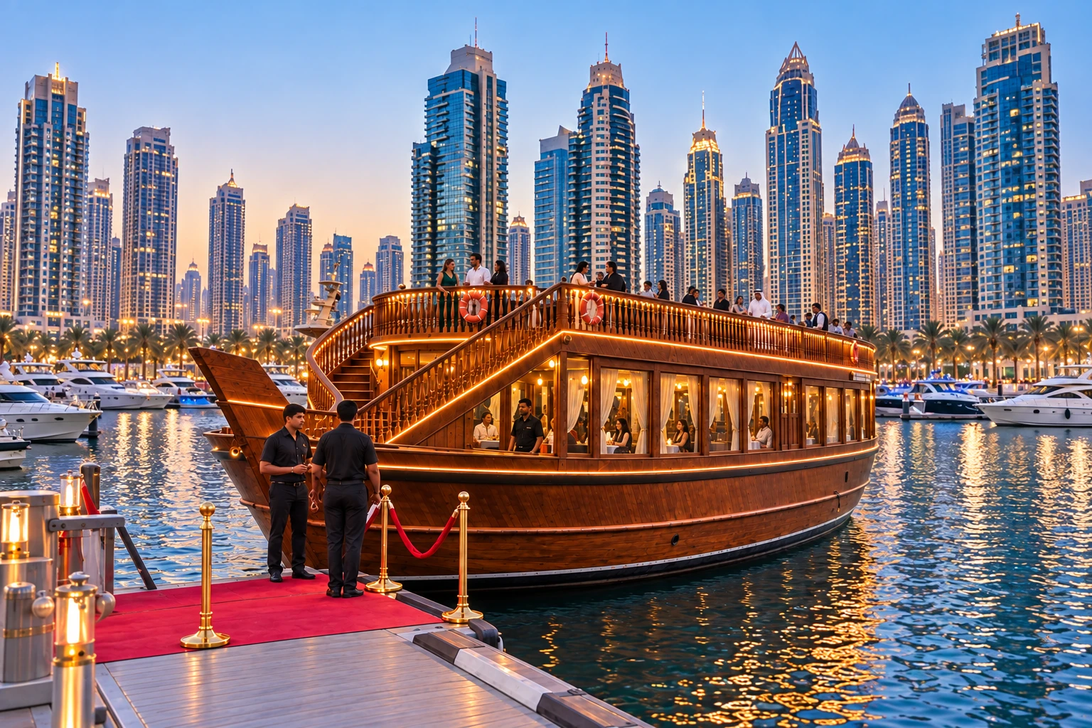 Dubai Marina skyline and dhow cruise boat illuminated at night