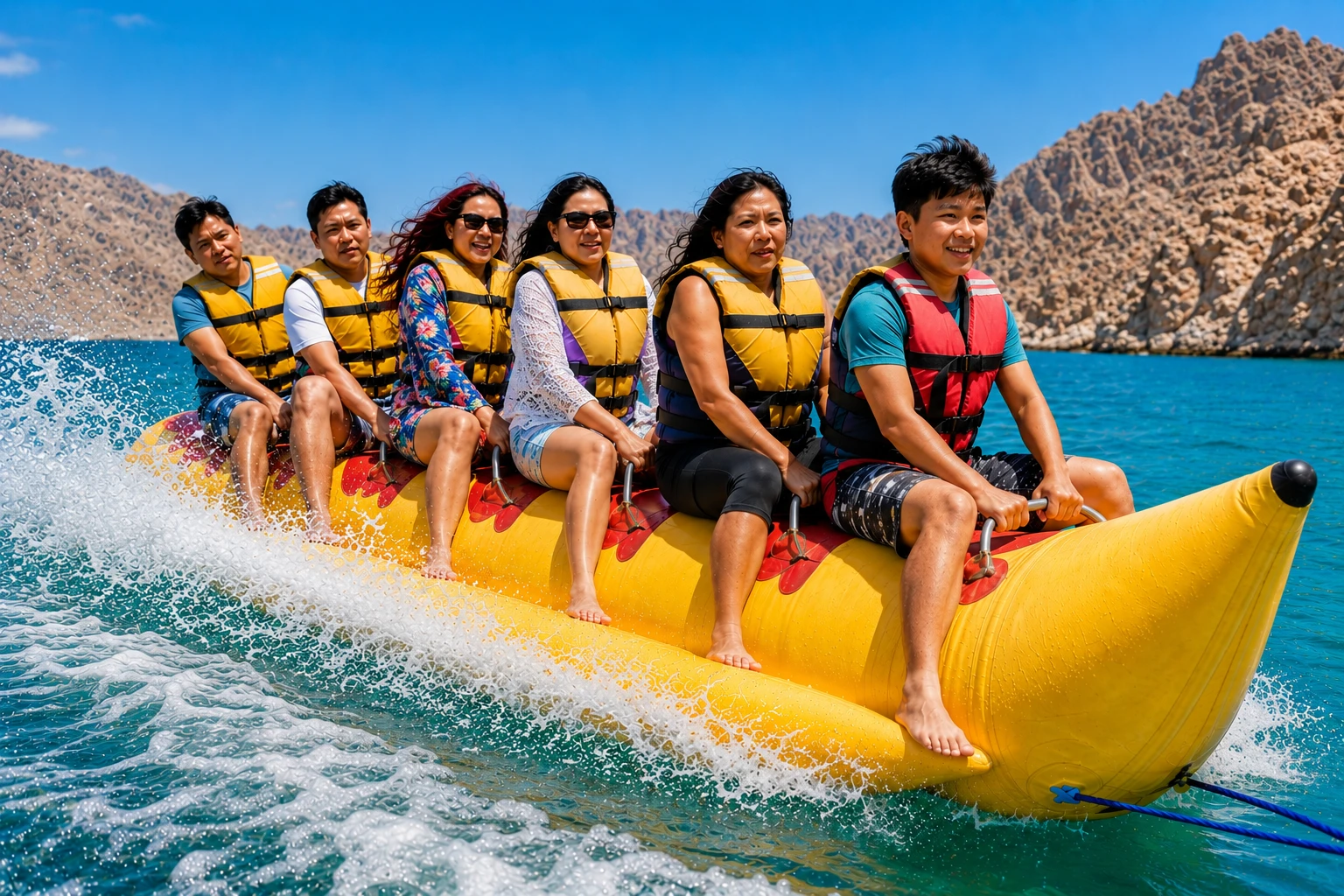 Travelers enjoying an exciting banana boat ride in Musandam Oman