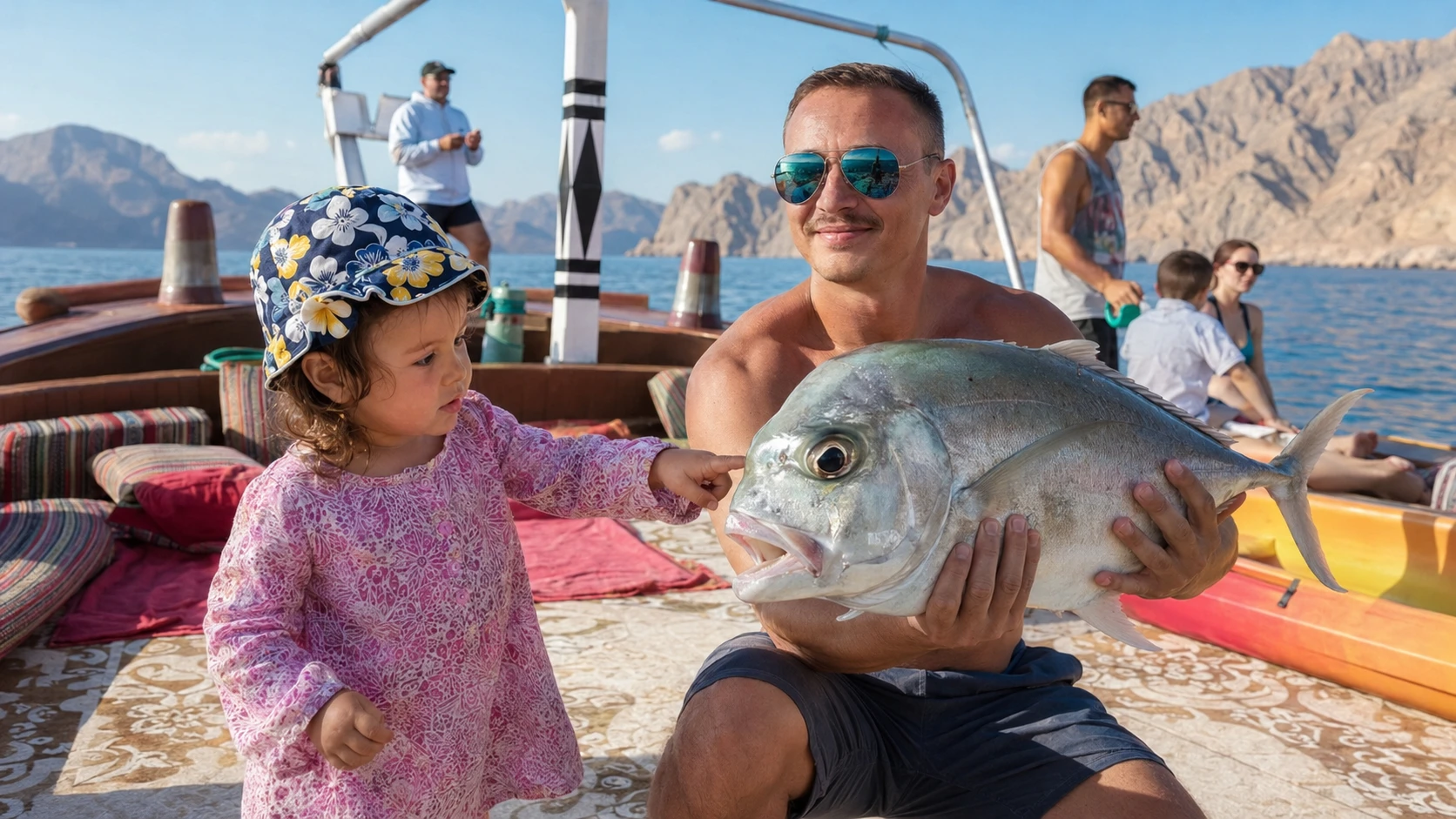 Tourists trying handline fishing from a dhow in Musandam Oman