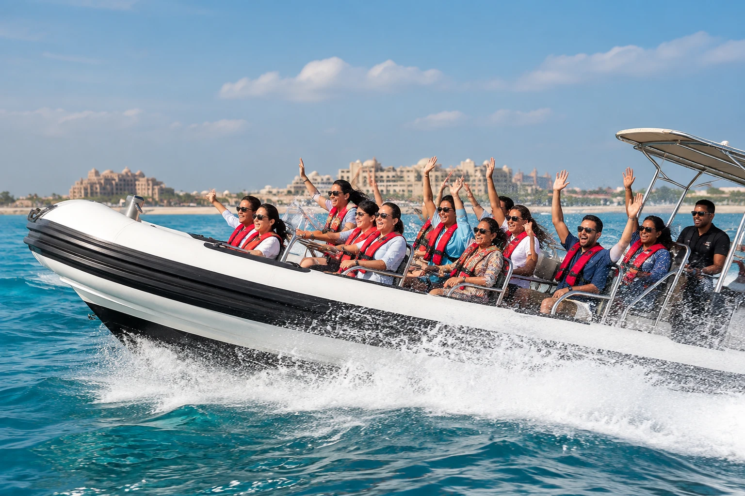 Speedboat cruising past Dubai Marina skyline during a Dubai boat tour