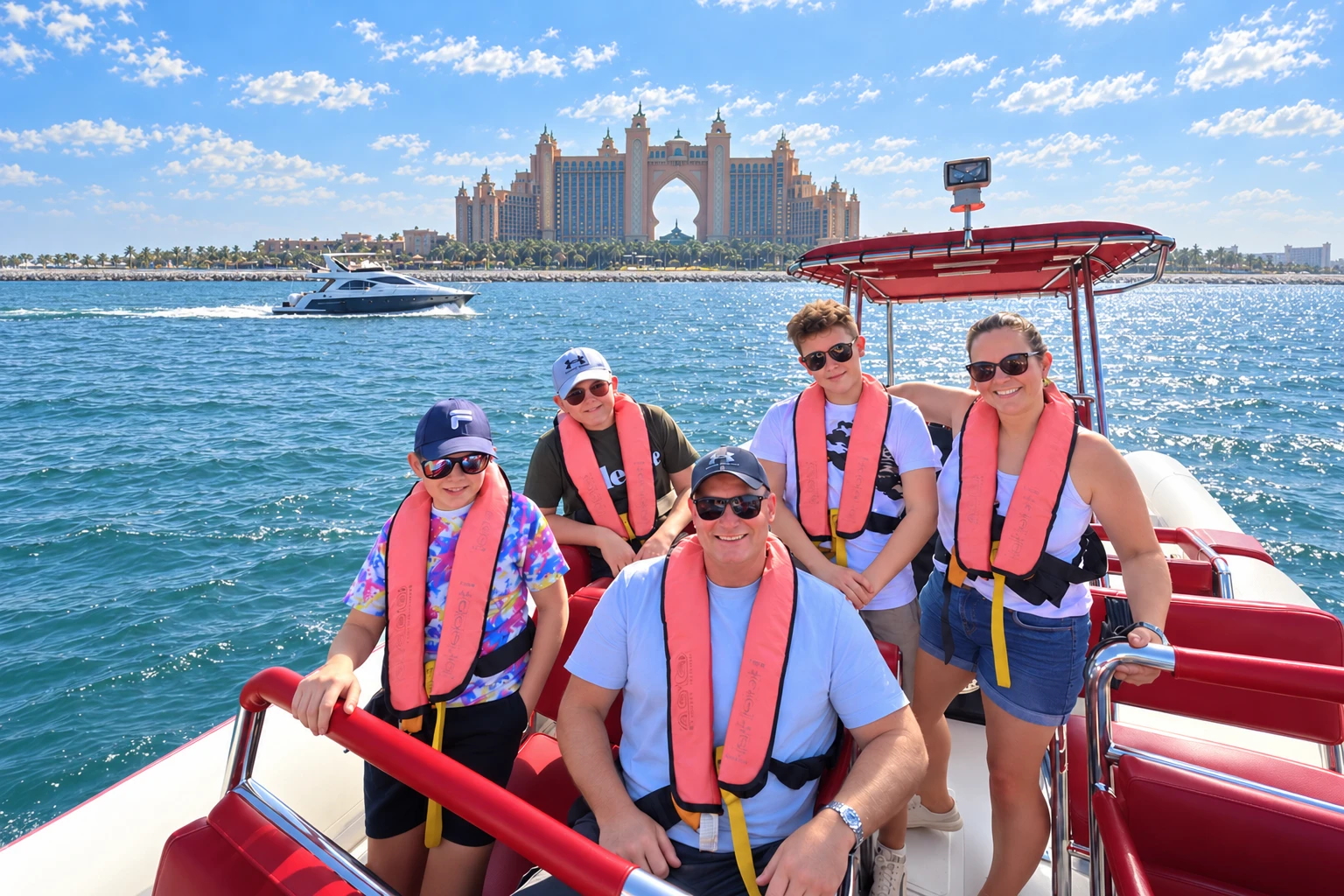 Travelers enjoying an exciting speedboat ride along Dubai coast