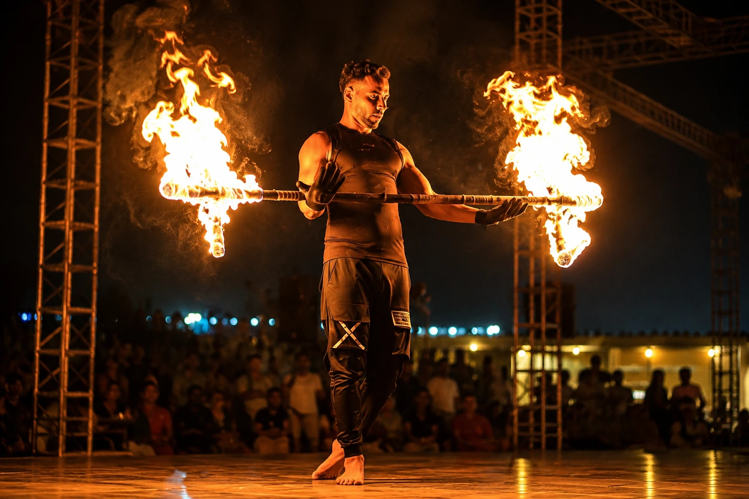 A fiery performace under the night sky during Desert Safari Tour