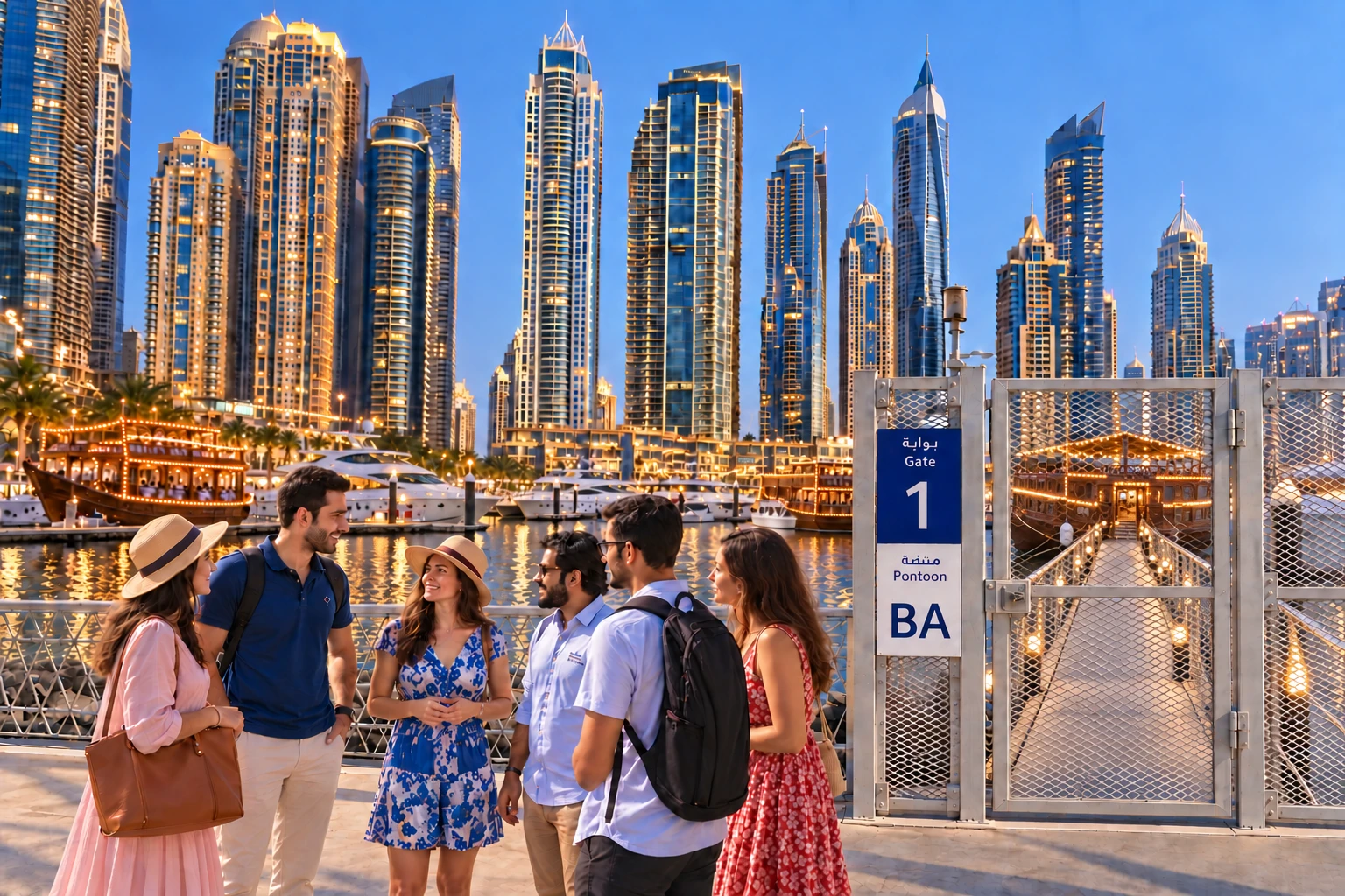 Travelers arriving at the meeting point for a Marina Dinner Cruise in Dubai