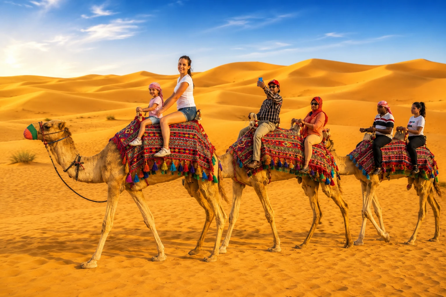 Tourists enjoying a camel ride in the Dubai desert