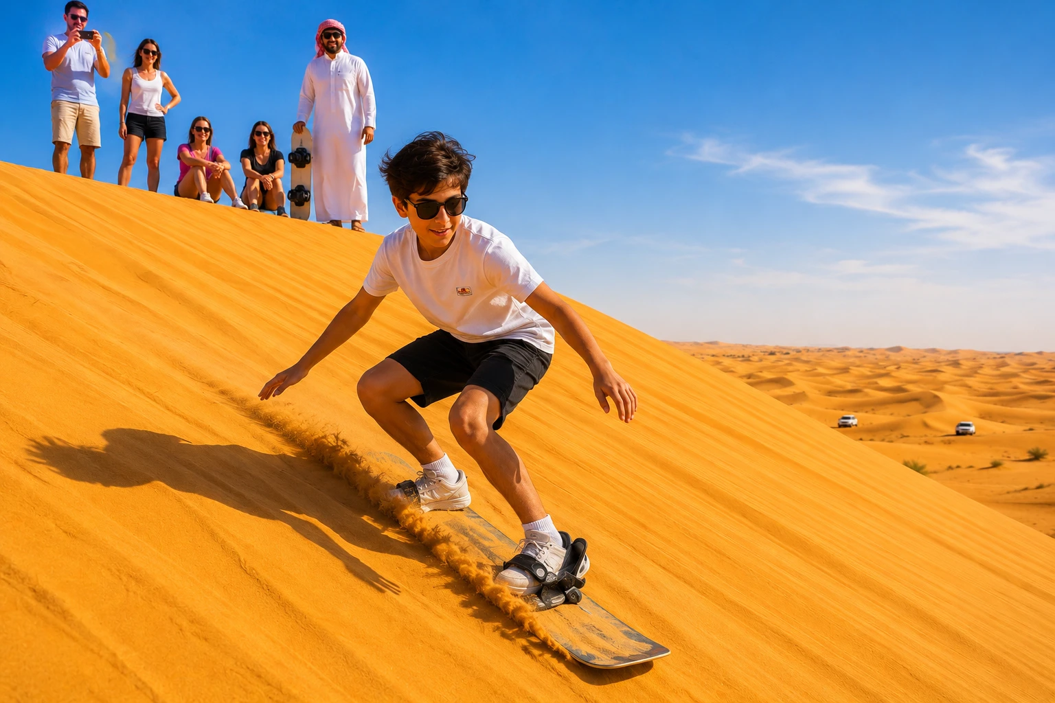 Sandboarding over the sand dunes during a Dubai desert safari