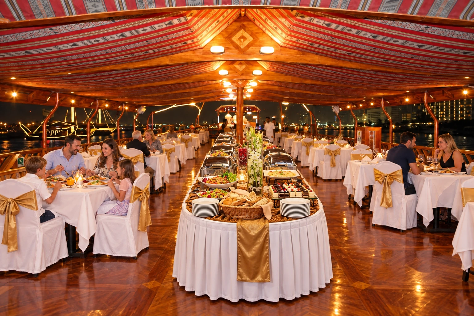 Family enjoying dinner together on the lower deck of a Dubai Marina dinner cruise