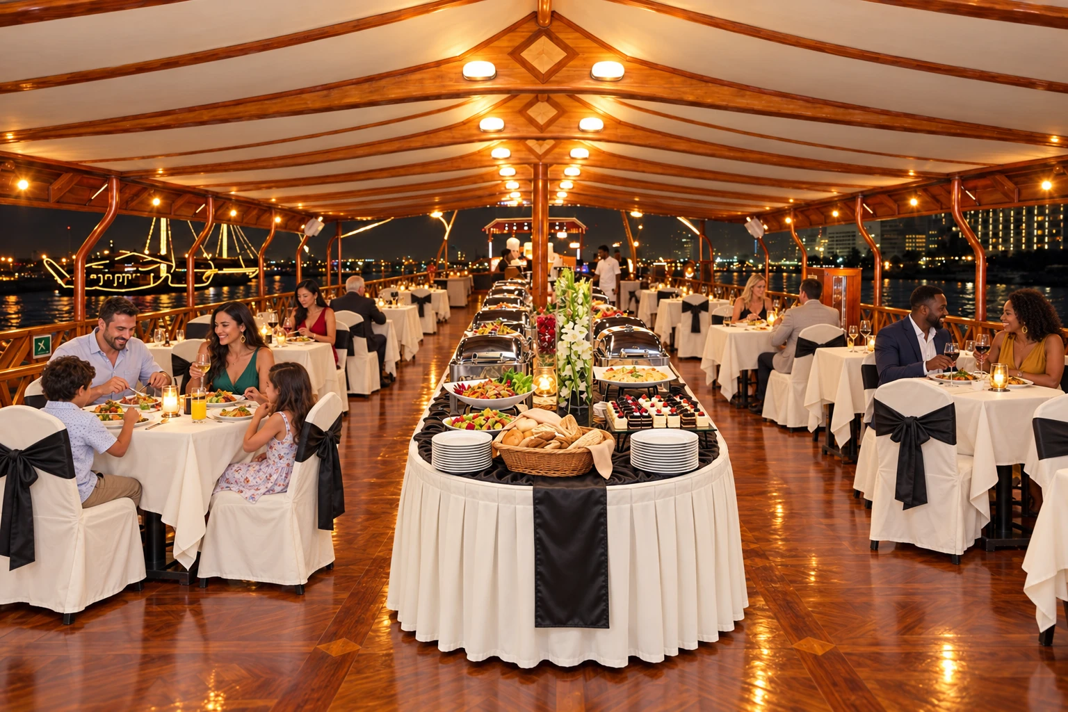 Travelers enjoying a buffet dinner on the lower deck of a Dubai Creek dinner cruise