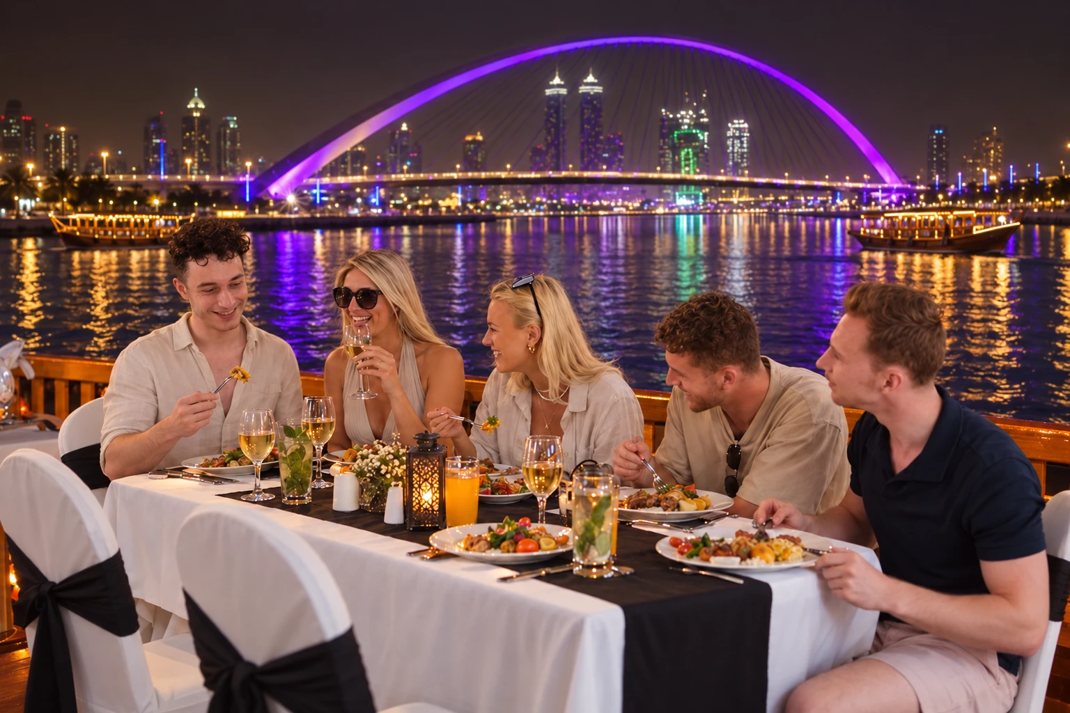 Travelers enjoying a buffet dinner on the upper deck of a Dubai Creek dinner cruise