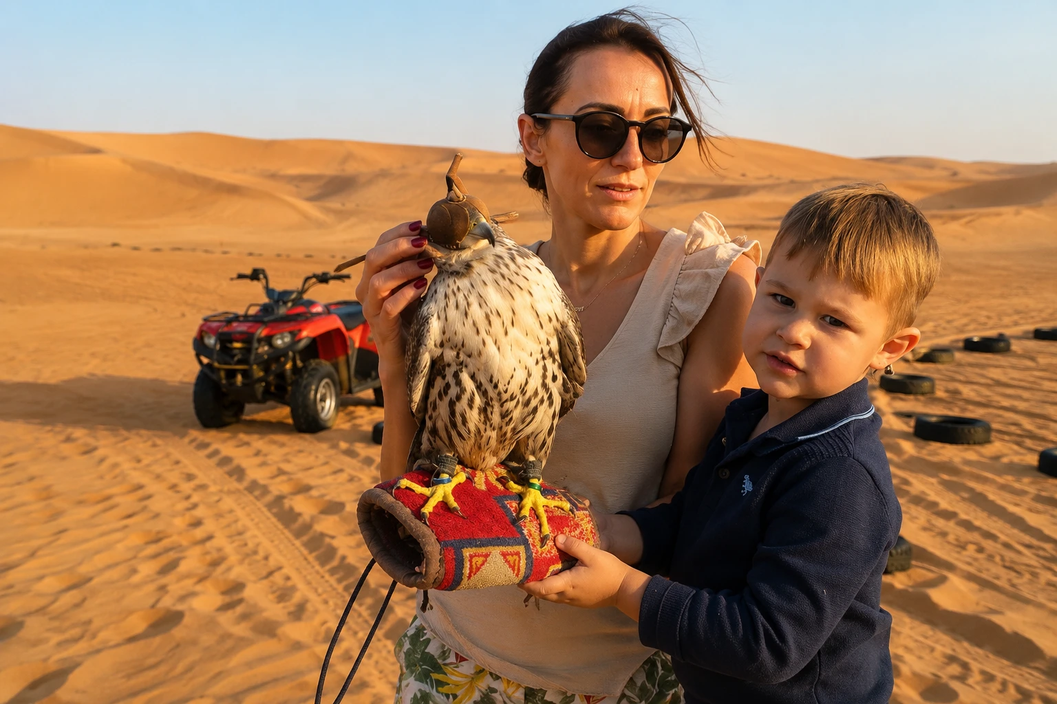 Traveler taking photos of the falcon during Desert Safari Tour