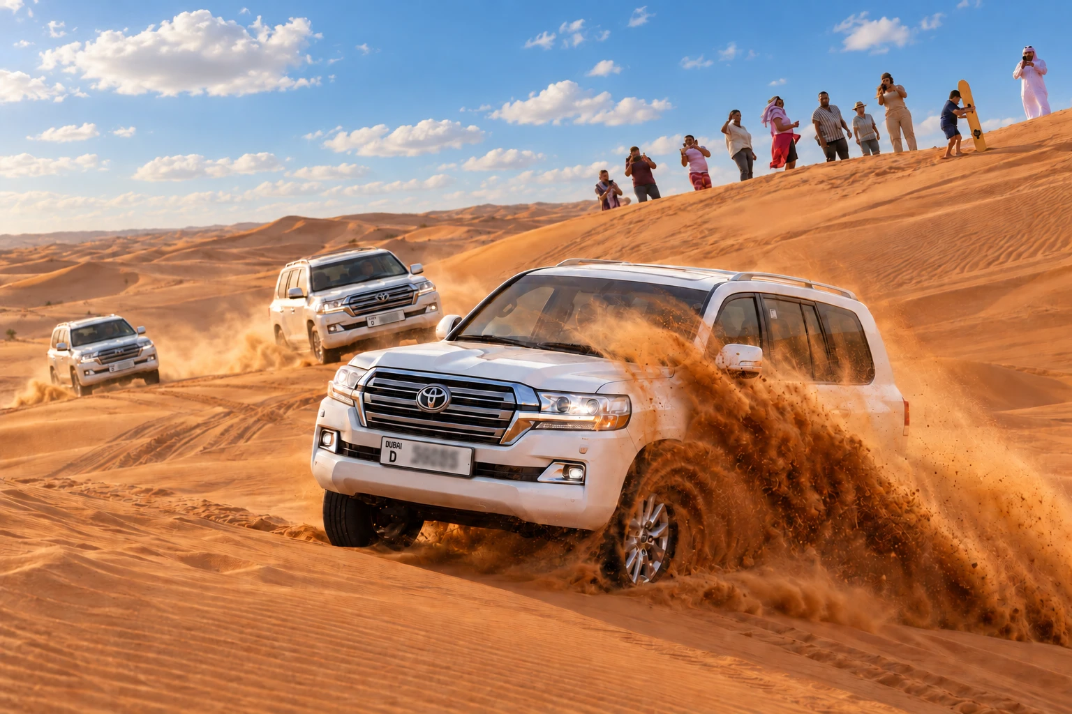 Travelers enjoying a Dune bashing adventure ride during Desert Safari Tour