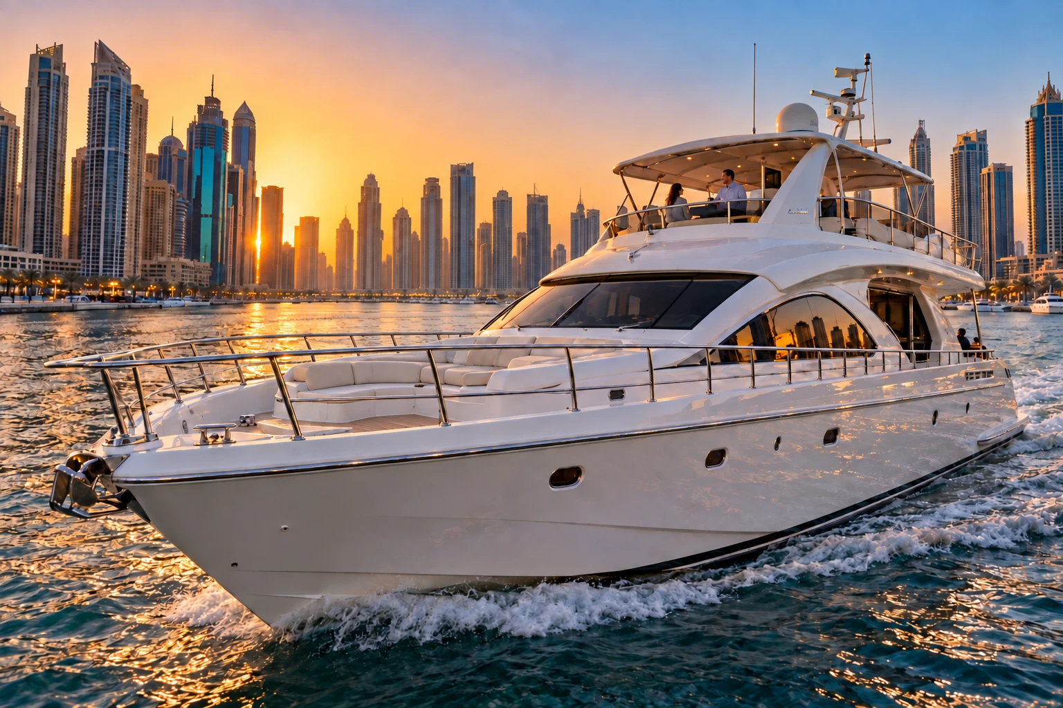 Shared yacht sailing through Dubai Marina at sunset with golden-hour skyline views.