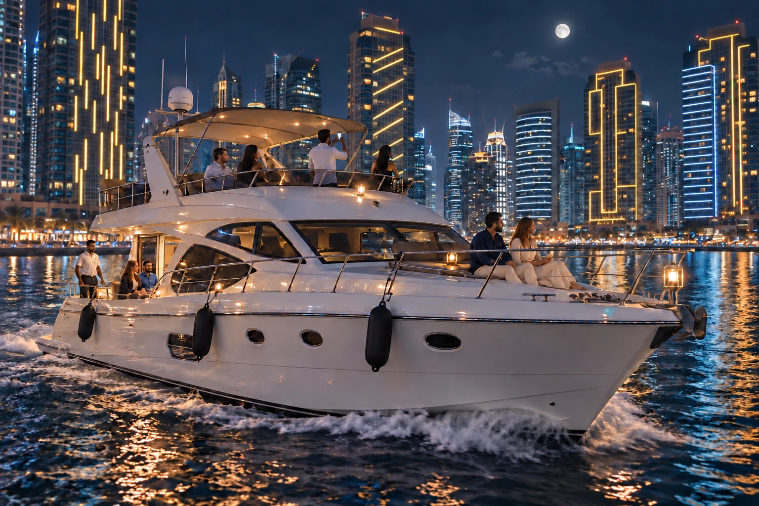 Guests enjoying a moonlight yacht cruise with illuminated Dubai Marina skyscrapers at night.