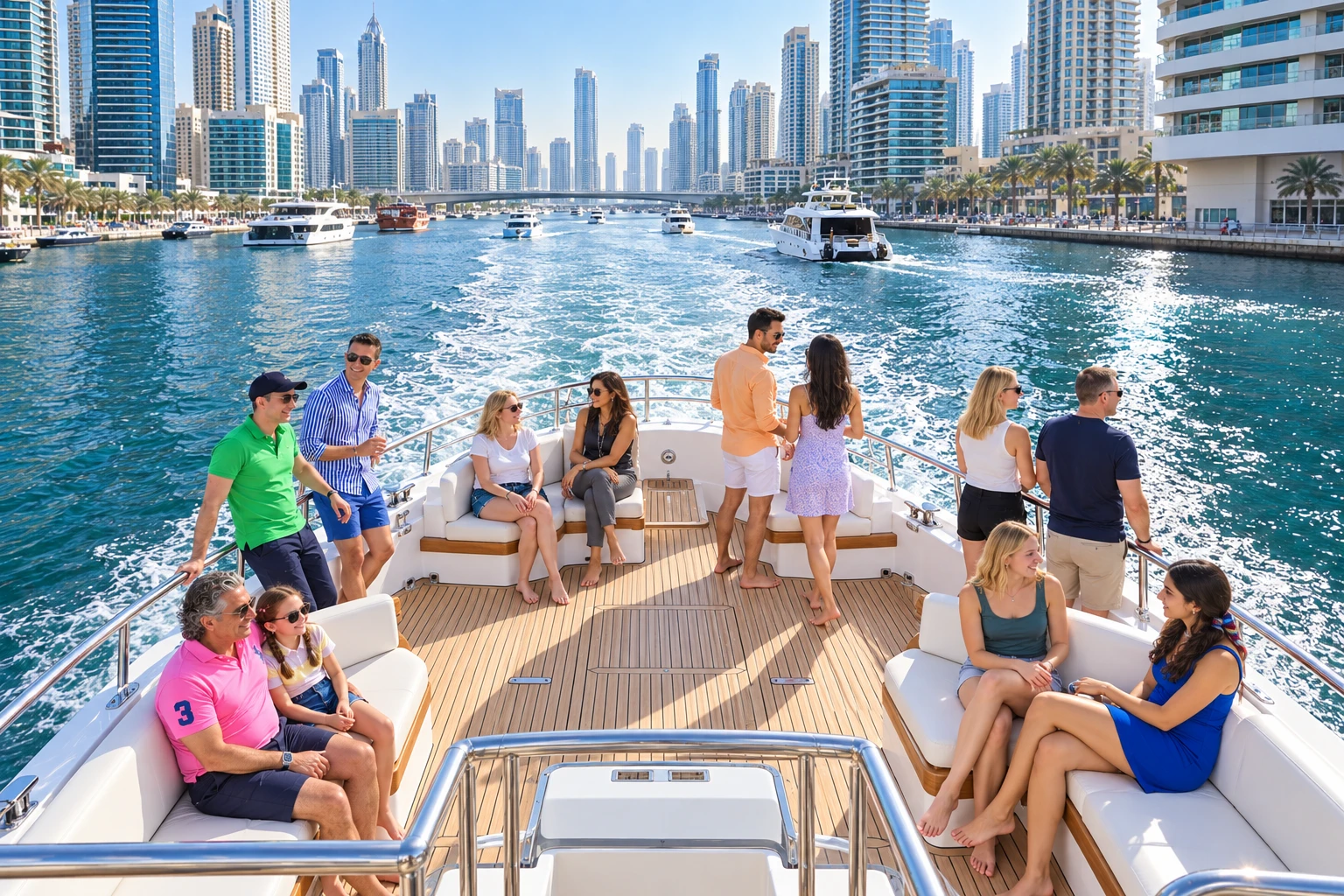 Travelers enjoying the shared yacht experience while sightseeing around Dubai Marina.